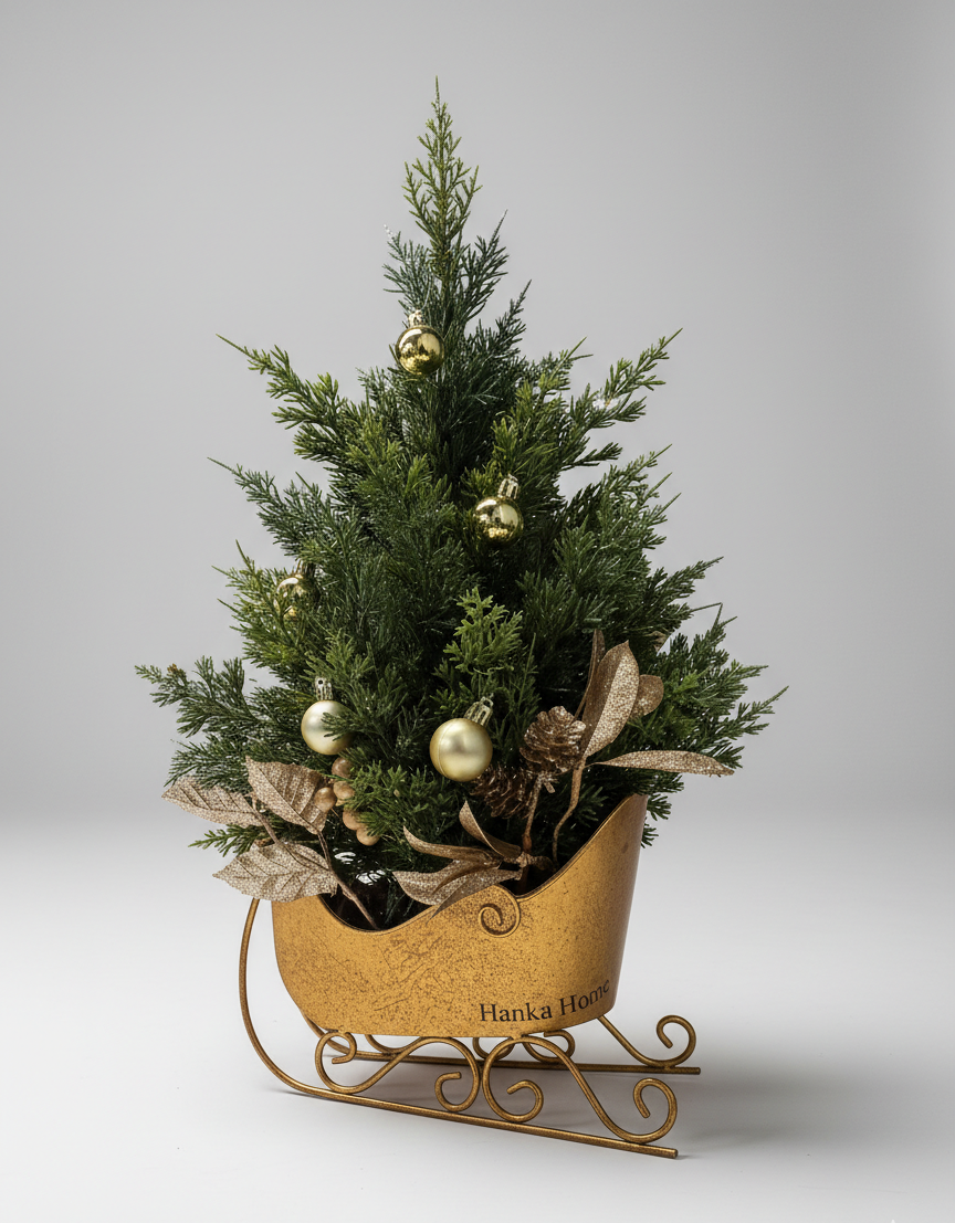 Hanka Home Pre-Lit Tabletop Christmas Tree in Gold Sleigh | 18-inch Vintage Holiday Centerpiece with Frosted Pine, Berries & Warm White LED Lights | Battery Operated for Mantle or Table Decor