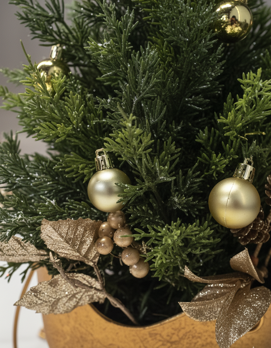 Hanka Home Pre-Lit Tabletop Christmas Tree in Gold Sleigh | 18-inch Vintage Holiday Centerpiece with Frosted Pine, Berries & Warm White LED Lights | Battery Operated for Mantle or Table Decor