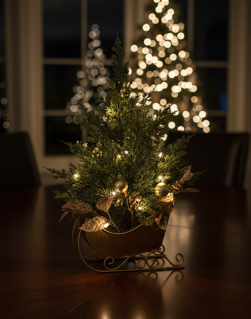 Hanka Home Pre-Lit Tabletop Christmas Tree in Gold Sleigh | 18-inch Vintage Holiday Centerpiece with Frosted Pine, Berries & Warm White LED Lights | Battery Operated for Mantle or Table Decor