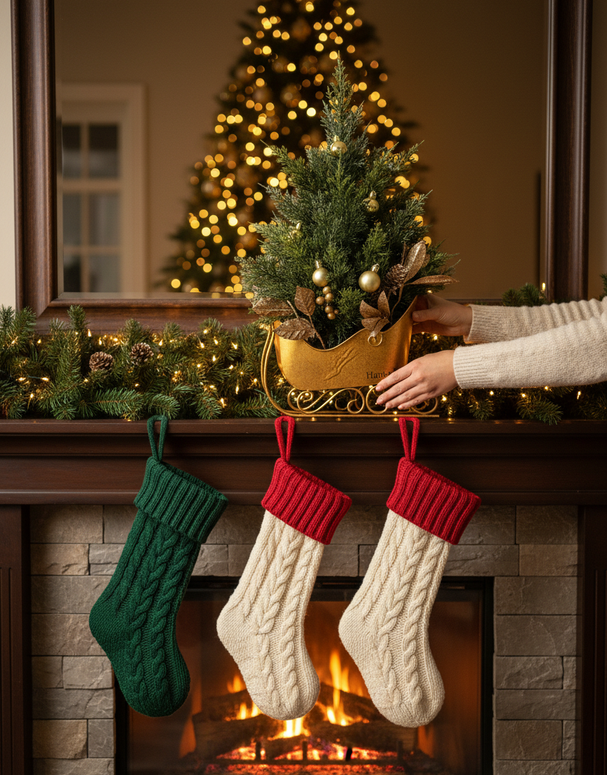 Hanka Home Pre-Lit Tabletop Christmas Tree in Gold Sleigh | 18-inch Vintage Holiday Centerpiece with Frosted Pine, Berries & Warm White LED Lights | Battery Operated for Mantle or Table Decor