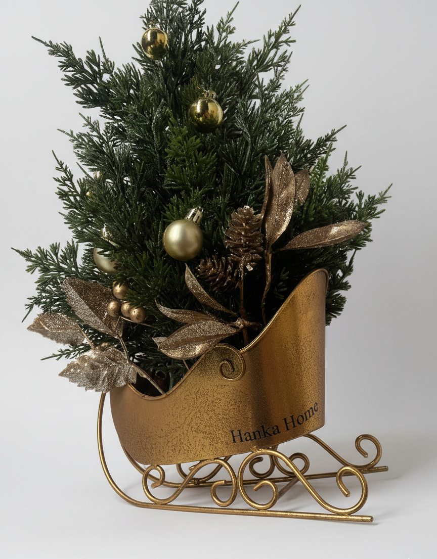 Hanka Home Pre-Lit Tabletop Christmas Tree in Gold Sleigh | 18-inch Vintage Holiday Centerpiece with Frosted Pine, Berries & Warm White LED Lights | Battery Operated for Mantle or Table Decor