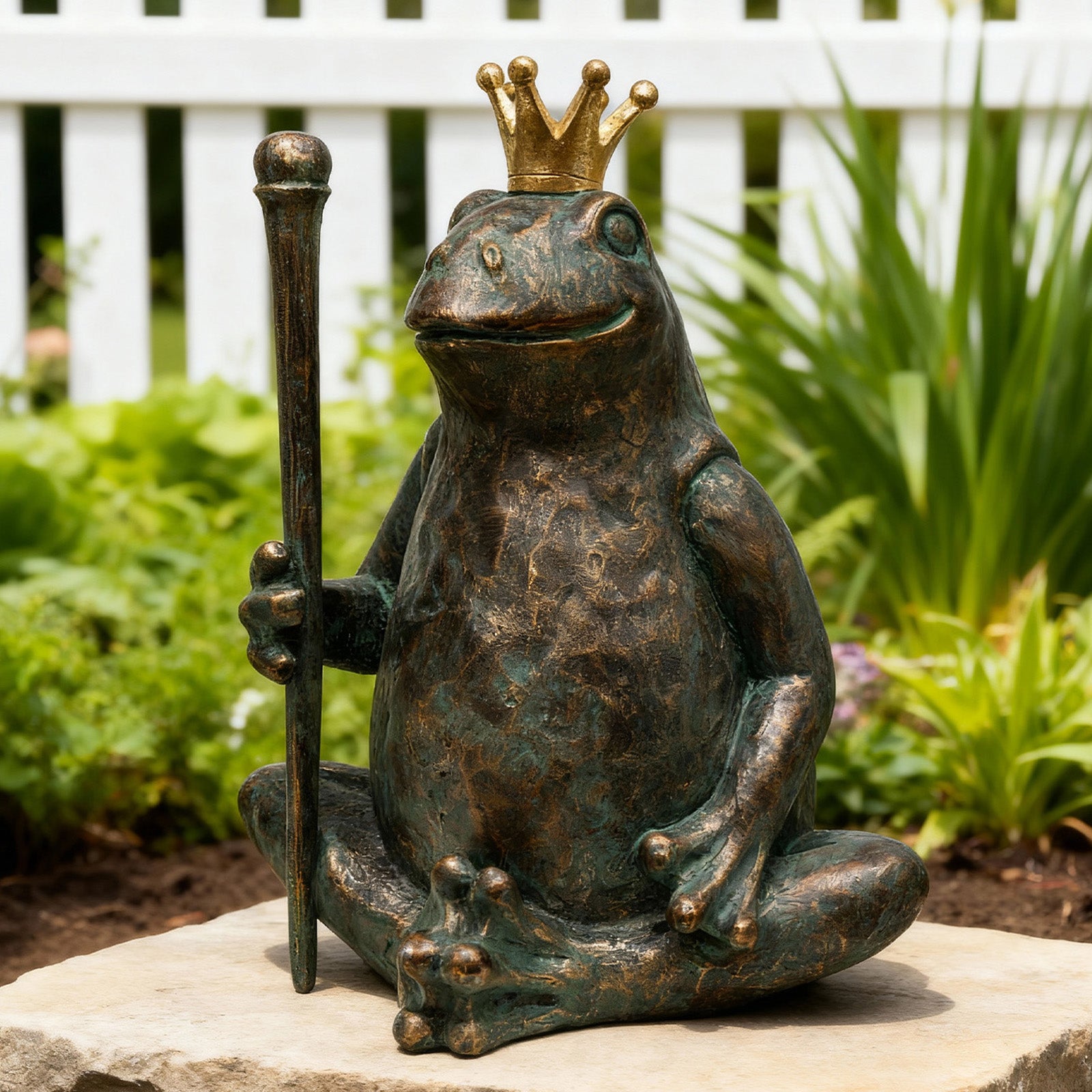 Frog Garden Statue,11.5" H×9.8" L Animal Figurines Garden Decor, Weather-Resistant Outdoor & Indoor Sculptures & Statues for Home,Patio,Yard and Entryway-Seated Frog with Scepter