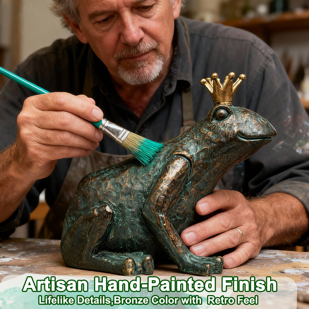 Frog Garden Statue,11.5" L×8" H Animal Figurines Garden Decor, Weather-Resistant Outdoor & Indoor Sculptures & Statues for Home,Patio,Yard and Entryway-Crouching Frog Prince