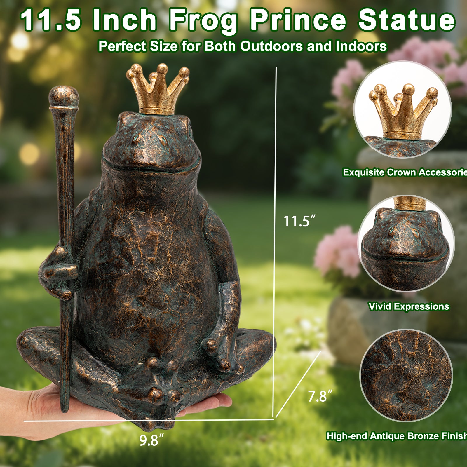 Frog Garden Statue,11.5" H×9.8" L Animal Figurines Garden Decor, Weather-Resistant Outdoor & Indoor Sculptures & Statues for Home,Patio,Yard and Entryway-Seated Frog with Scepter