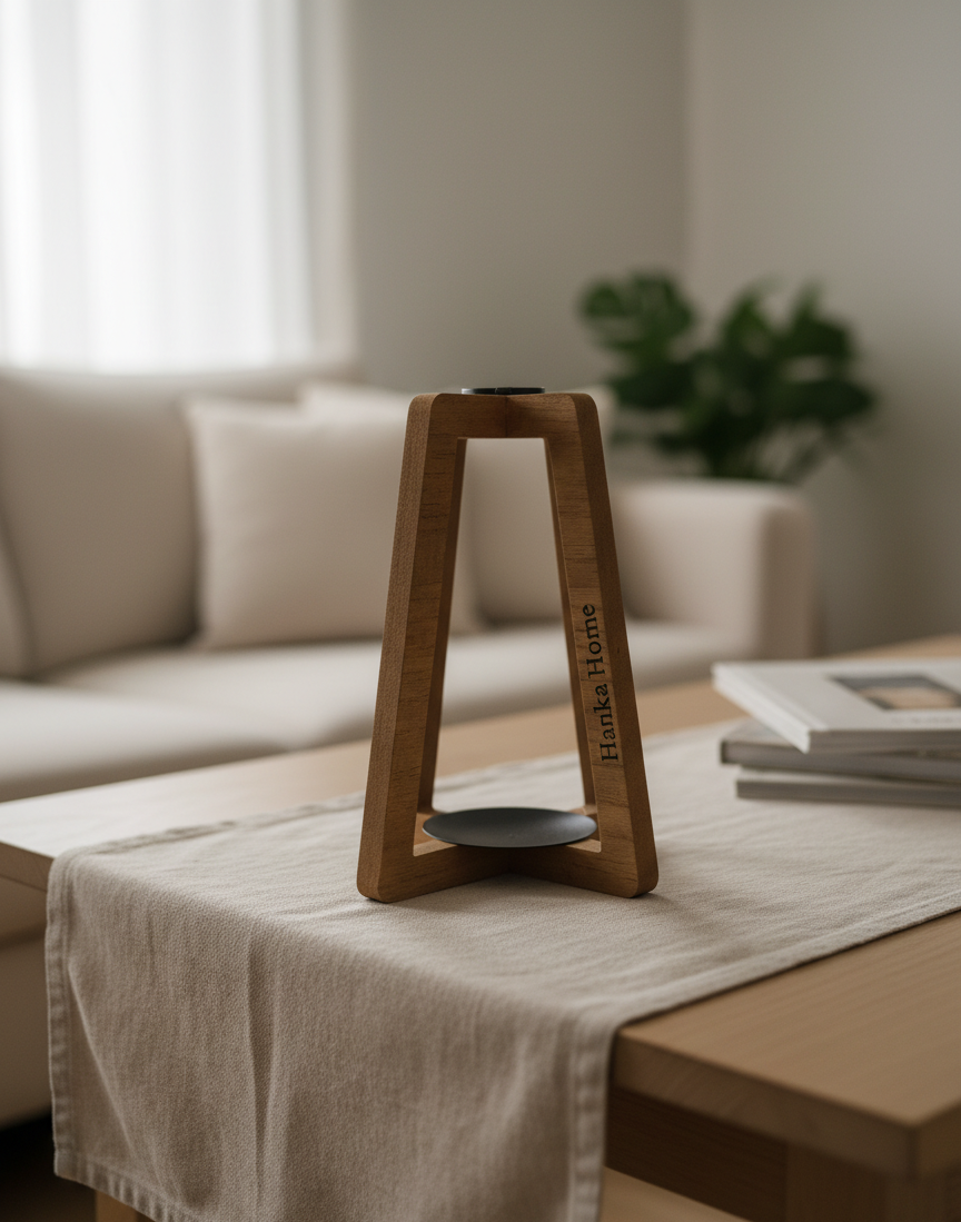 Hanka Home Wooden Candle Holder, Modern A-Frame Candlestick Holder with Black Metal Base, Minimalist Sculptural Decor for Dining Table Centerpiece, Mantle & Living Room, Natural Wood Finish
