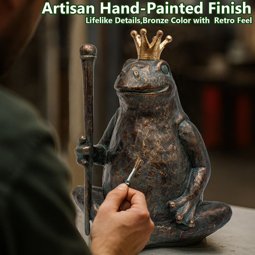 Frog Garden Statue,11.5" H×9.8" L Animal Figurines Garden Decor, Weather-Resistant Outdoor & Indoor Sculptures & Statues for Home,Patio,Yard and Entryway-Seated Frog with Scepter