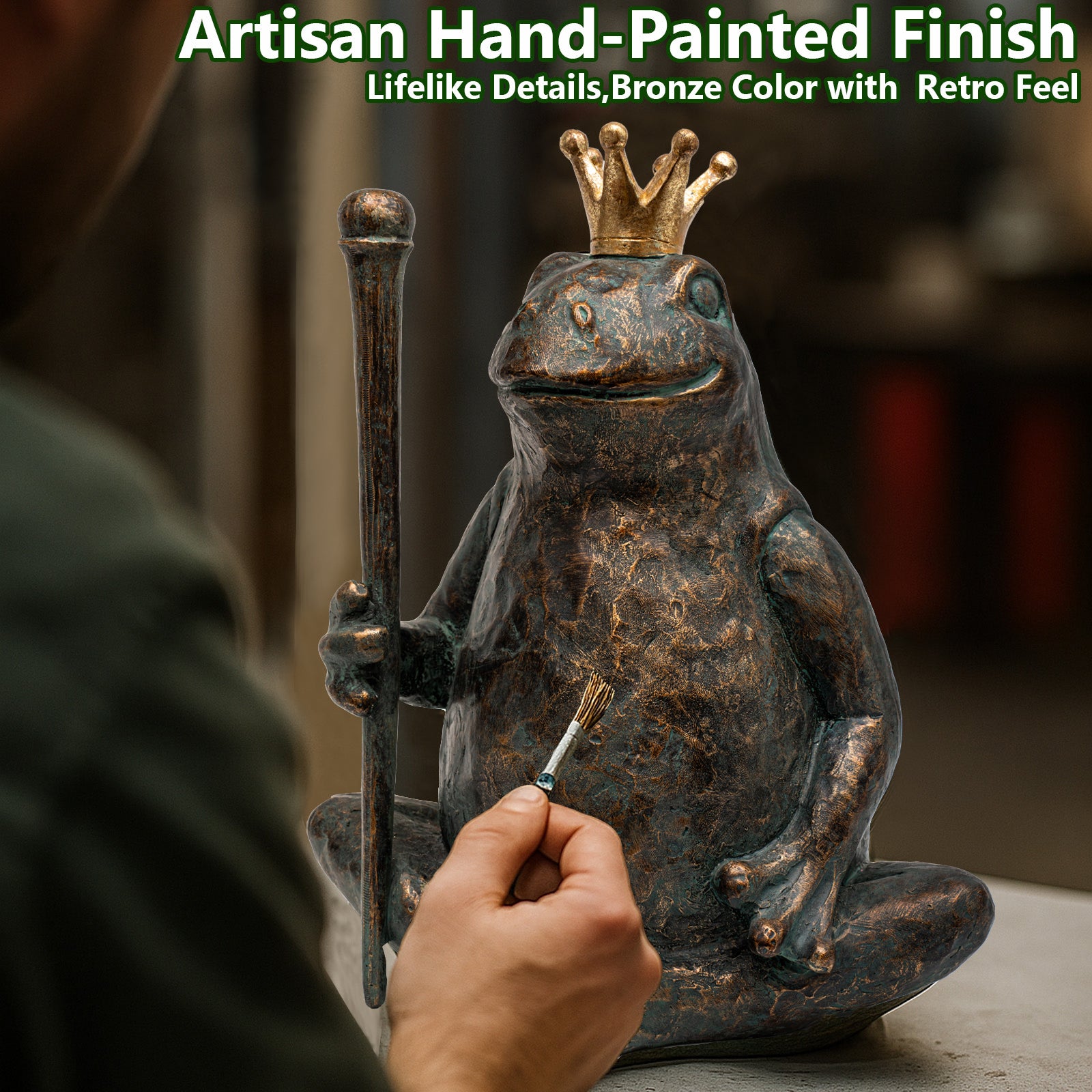 Frog Garden Statue,11.5" H×9.8" L Animal Figurines Garden Decor, Weather-Resistant Outdoor & Indoor Sculptures & Statues for Home,Patio,Yard and Entryway-Seated Frog with Scepter