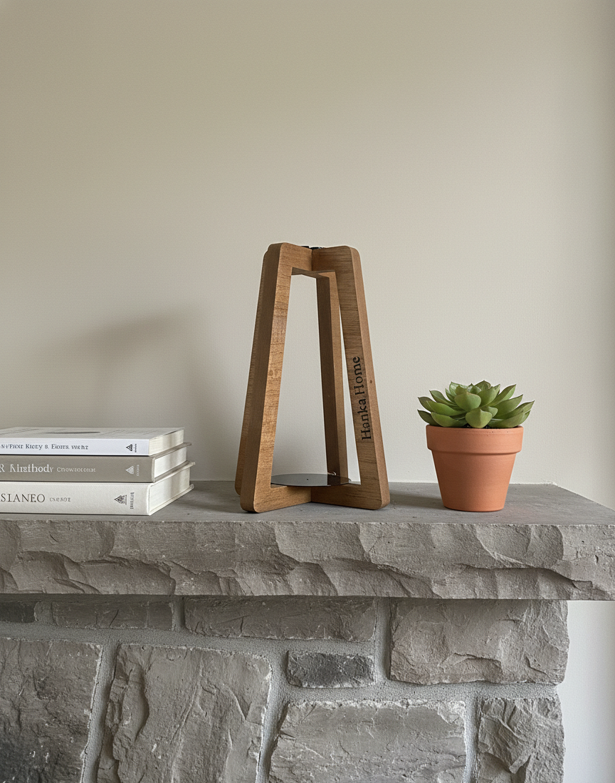 Hanka Home Wooden Candle Holder, Modern A-Frame Candlestick Holder with Black Metal Base, Minimalist Sculptural Decor for Dining Table Centerpiece, Mantle & Living Room, Natural Wood Finish