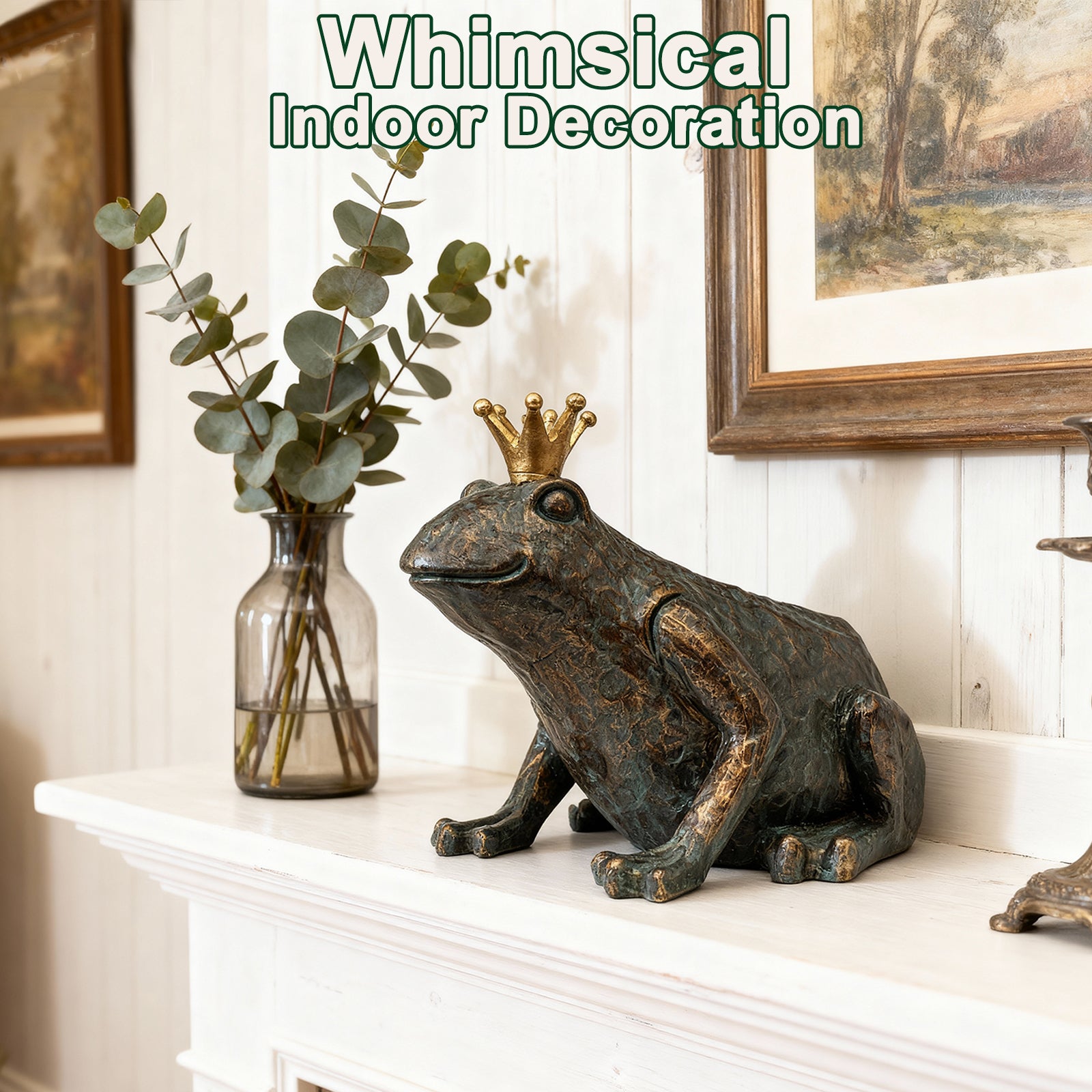 Frog Garden Statue,11.5" L×8" H Animal Figurines Garden Decor, Weather-Resistant Outdoor & Indoor Sculptures & Statues for Home,Patio,Yard and Entryway-Crouching Frog Prince