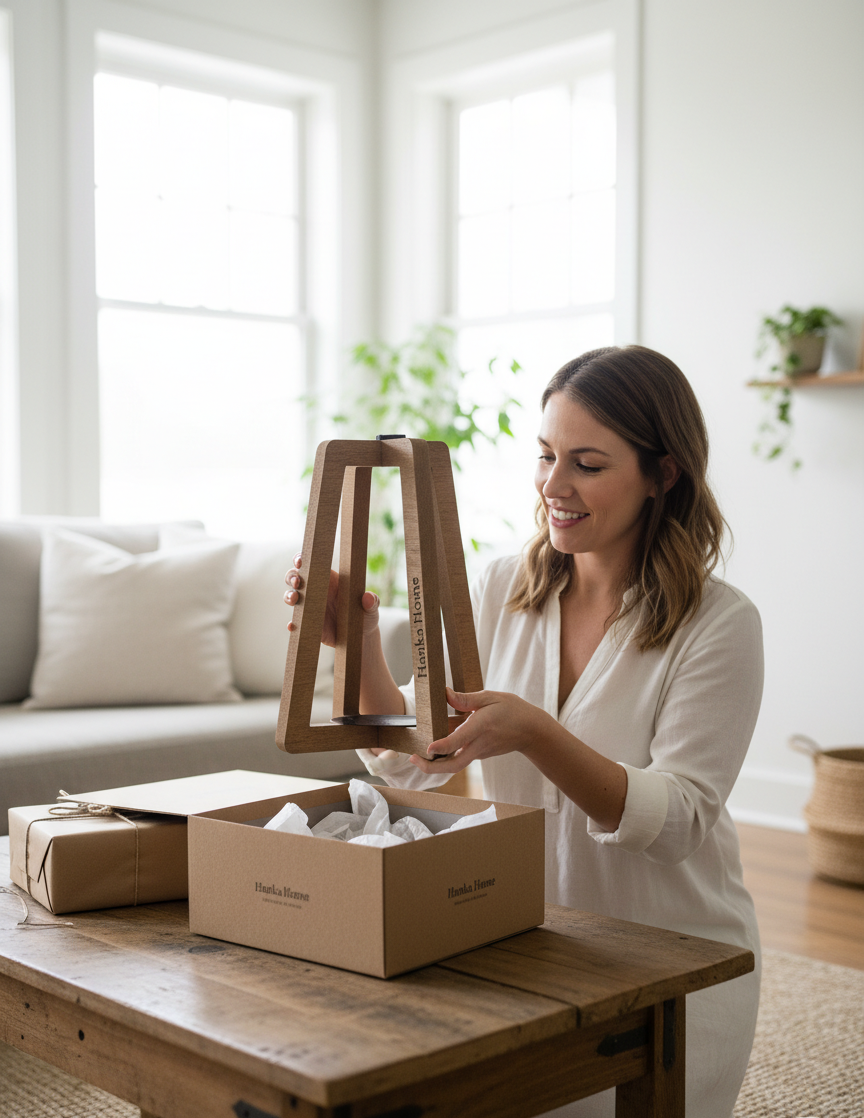 Hanka Home Wooden Candle Holder, Modern A-Frame Candlestick Holder with Black Metal Base, Minimalist Sculptural Decor for Dining Table Centerpiece, Mantle & Living Room, Natural Wood Finish