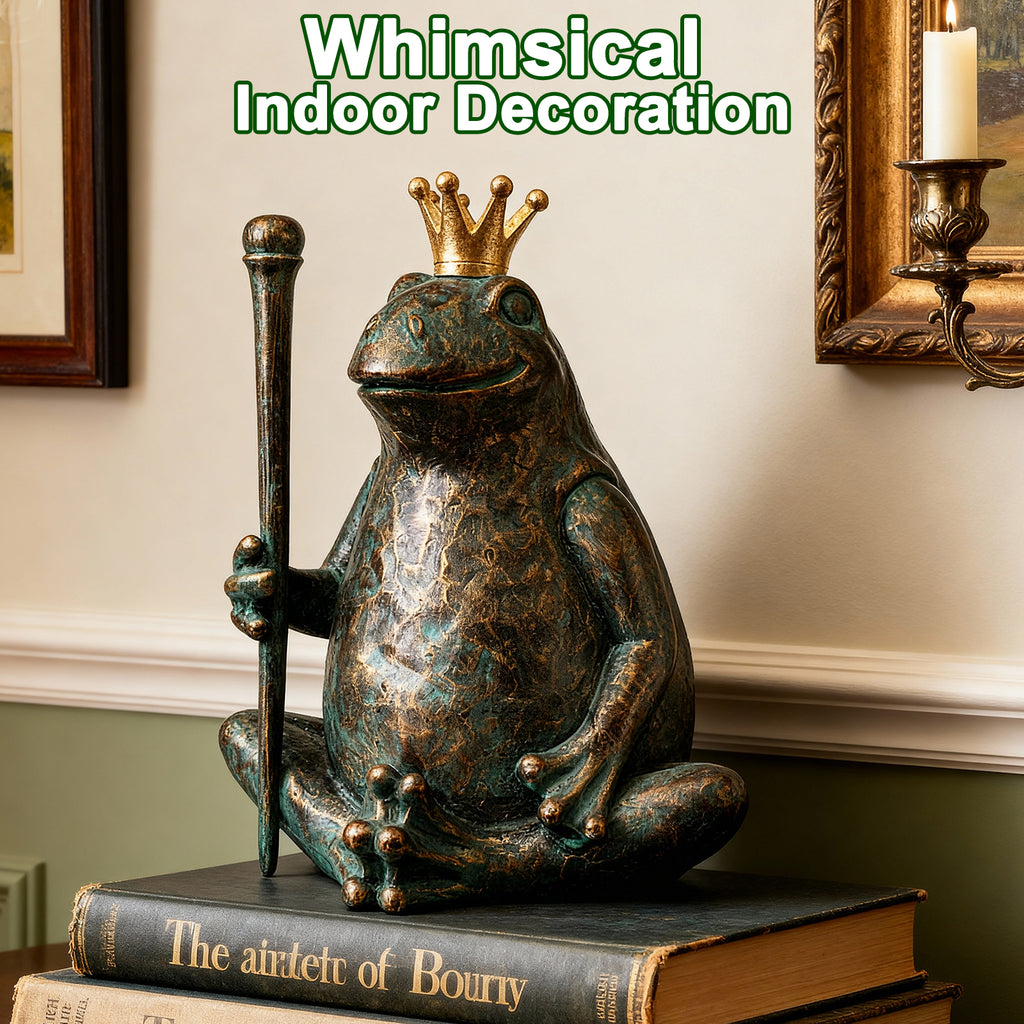 Frog Garden Statue,11.5" H×9.8" L Animal Figurines Garden Decor, Weather-Resistant Outdoor & Indoor Sculptures & Statues for Home,Patio,Yard and Entryway-Seated Frog with Scepter