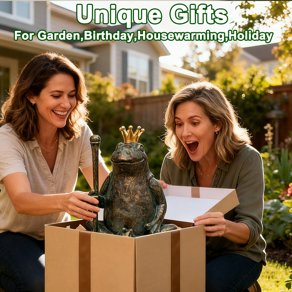 Frog Garden Statue,11.5" H×9.8" L Animal Figurines Garden Decor, Weather-Resistant Outdoor & Indoor Sculptures & Statues for Home,Patio,Yard and Entryway-Seated Frog with Scepter