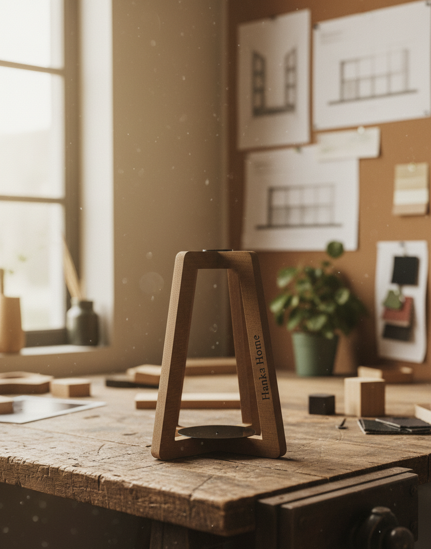 Hanka Home Wooden Candle Holder, Modern A-Frame Candlestick Holder with Black Metal Base, Minimalist Sculptural Decor for Dining Table Centerpiece, Mantle & Living Room, Natural Wood Finish