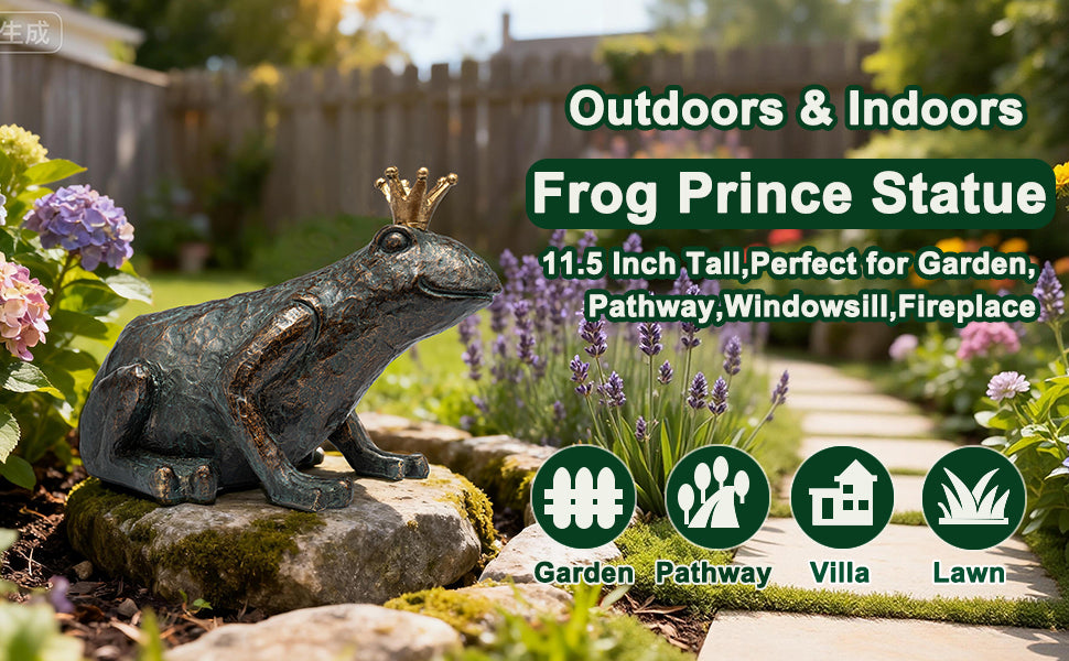 Frog Garden Statue,11.5" L×8" H Animal Figurines Garden Decor, Weather-Resistant Outdoor & Indoor Sculptures & Statues for Home,Patio,Yard and Entryway-Crouching Frog Prince