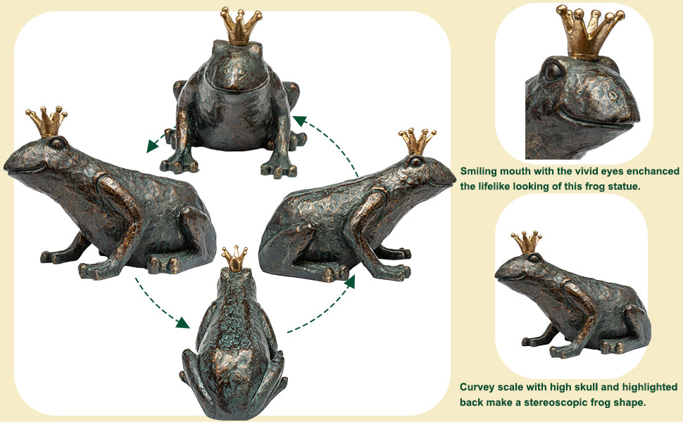 Frog Garden Statue,11.5" L×8" H Animal Figurines Garden Decor, Weather-Resistant Outdoor & Indoor Sculptures & Statues for Home,Patio,Yard and Entryway-Crouching Frog Prince