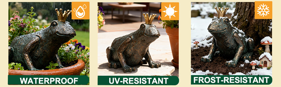 Frog Garden Statue,11.5" L×8" H Animal Figurines Garden Decor, Weather-Resistant Outdoor & Indoor Sculptures & Statues for Home,Patio,Yard and Entryway-Crouching Frog Prince