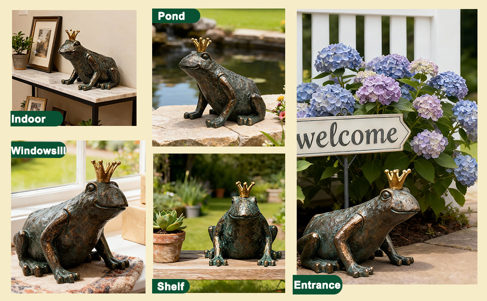 Frog Garden Statue,11.5" L×8" H Animal Figurines Garden Decor, Weather-Resistant Outdoor & Indoor Sculptures & Statues for Home,Patio,Yard and Entryway-Crouching Frog Prince