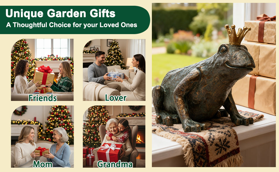 Frog Garden Statue,11.5" L×8" H Animal Figurines Garden Decor, Weather-Resistant Outdoor & Indoor Sculptures & Statues for Home,Patio,Yard and Entryway-Crouching Frog Prince