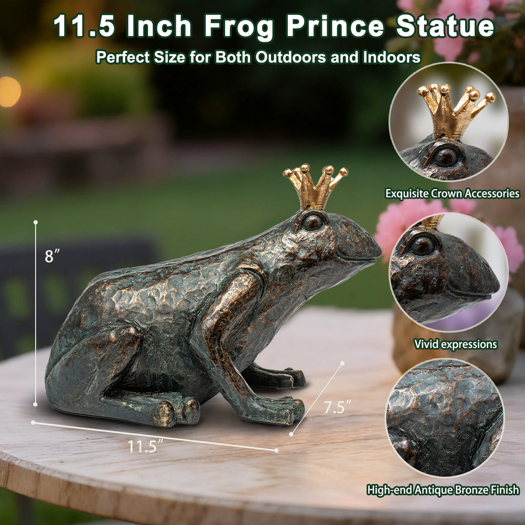 Frog Garden Statue,11.5" L×8" H Animal Figurines Garden Decor, Weather-Resistant Outdoor & Indoor Sculptures & Statues for Home,Patio,Yard and Entryway-Crouching Frog Prince
